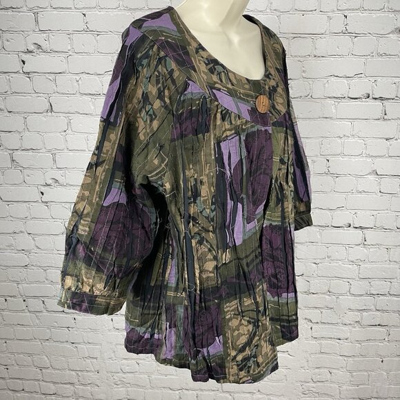 NWT Tantrums Green & Purple Rose Pleated Wood Buttoned 3/4 Sleeve Blouse Size 1X - Picture 14 of 14